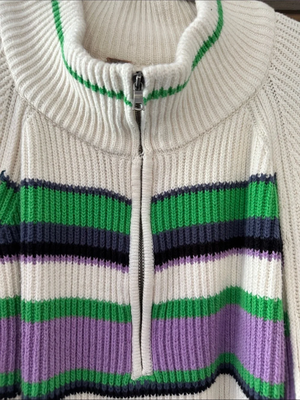 Free People Cream Half-Zip Knit Sweater with Green & Purple Stripes